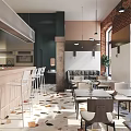 Modern Restaurant Interior With Bar Counter Stools Dining Tables Terrazzo Floor And Brick Wall