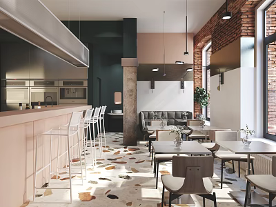 Modern Restaurant Interior With Bar Counter Stools Dining Tables Terrazzo Floor And Brick Wall 3d model