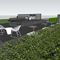 Modern Garden Landscape Design With Lush Green Plants Outdoor Chairs And Paved Terrace