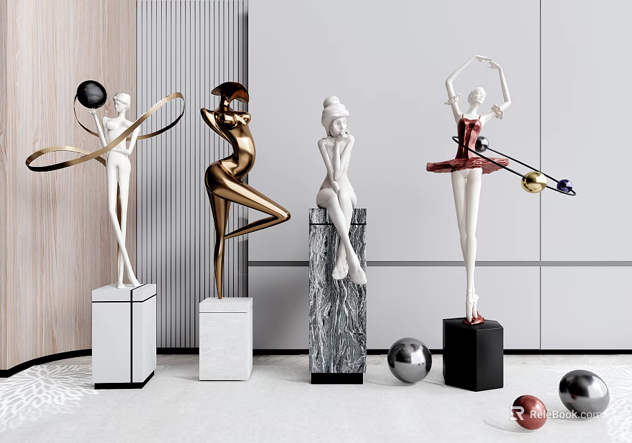 Elegant Sculptures With Metal And Marble Human Figures On Decorative Pedestals 3d model 
