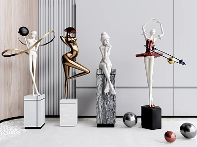 Elegant Sculptures With Metal And Marble Human Figures On Decorative Pedestals 3d model