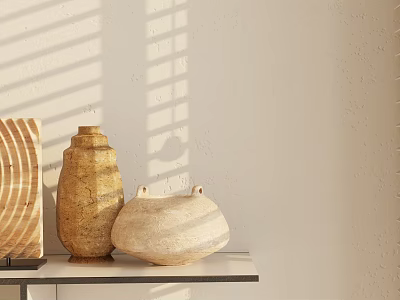 Minimalist Natural Style Ceramic And Wooden Decorative Ornament Set On Shelf With Window Light Shadows 3d model
