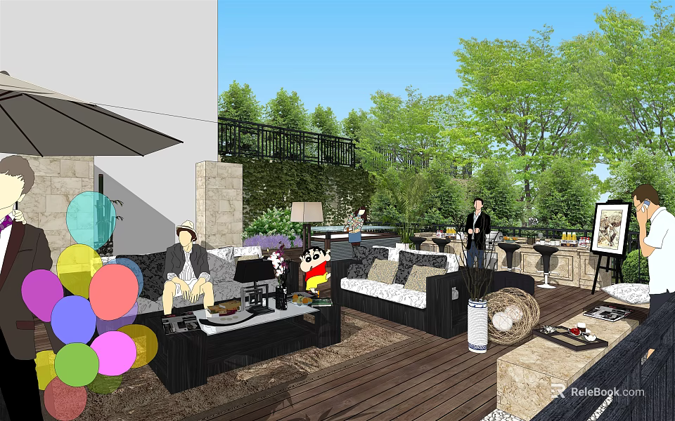 Garden Courtyard With Wooden Deck Outdoor Sofas Umbrella Colorful Balloons And Green Plants 3d model 