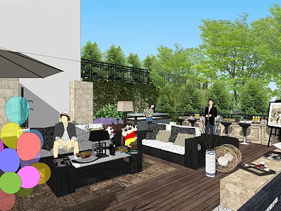 Garden Courtyard With Wooden Deck Outdoor Sofas Umbrella Colorful Balloons And Green Plants 3d model