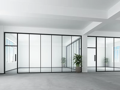 Modern Office Glass Partition Design With Large Glass Doors White Walls And Green Plant 3d model
