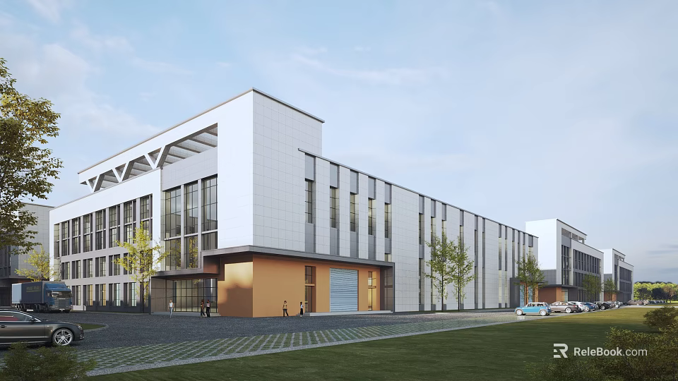 Modern Industrial Factory Building Exterior With White And Orange Facade Large Glass Windows And Greenery 3d model 