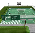 Outdoor Basketball Court Featuring Fence Benches Green Surroundings And Marked Surface