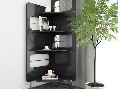Black Modern Multi-tiered Shelving Unit With Books Cups And Green Plant In Interior Space 3d model