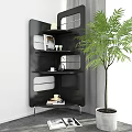 Black Modern Multi-tiered Shelving Unit With Books Cups And Green Plant In Interior Space