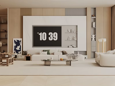 Modern Living Room Design with Beige Sofa Large Screen TV Coffee Table and Display Shelves 3d model
