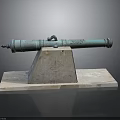Ancient Bronze Cannon Weapon Displayed On Stone Pedestal With Stone Slab