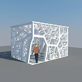White Cubic Architectural Structure With Perforated Geometric Patterns And Human Figure 3d model