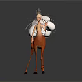 Human Female Character with Deer Body White Cloud Hair Golden Ornaments and Glowing Particles