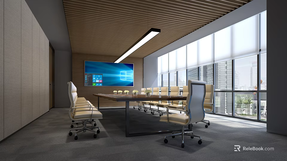 Modern Conference Room Interior With Large Screen Display Wooden Slat Ceiling Ergonomic Chairs And Windows 3d model 