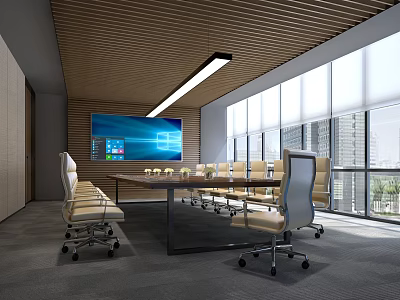 Modern Conference Room Interior With Large Screen Display Wooden Slat Ceiling Ergonomic Chairs And Windows 3d model