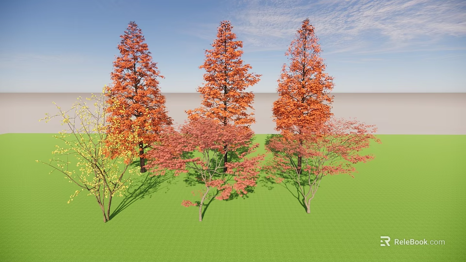 Colorful Arbor Trees With Red Orange Yellow Leaves On Green Grass Under Blue Sky 3d model 
