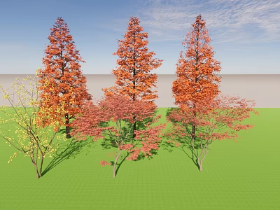 Colorful Arbor Trees With Red Orange Yellow Leaves On Green Grass Under Blue Sky 3d model