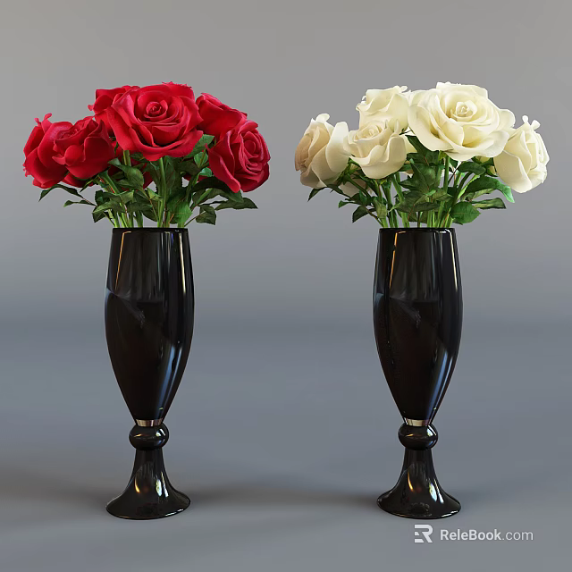 Elegant Black Vases With Fresh Red Roses And White Roses Floral 3d model 