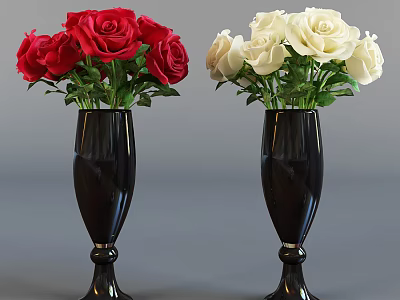 Elegant Black Vases With Fresh Red Roses And White Roses Floral 3d model
