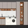 Modern Laundry Room Interior Design With White Cabinets Wooden Shelves And Washing Machines