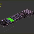 Black Remote Control With Blue Buttons Green Display Screen And Input Label