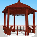 Traditional Red Wooden Hexagonal Pavilion With Decorative Roof And Benches