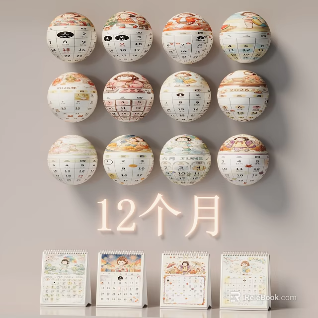 12 Months Themed Round Decorative Ornament Set With Wall Display And Matching Cards 3d model 