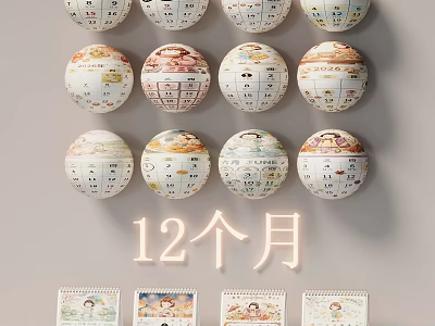 12 Months Themed Round Decorative Ornament Set With Wall Display And Matching Cards 3d model