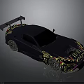 Dark Blue Racing Car With Purple Rear Spoiler And Colorful Decals Design
