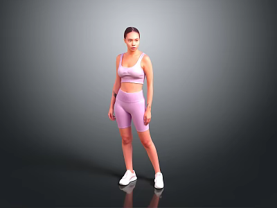 A woman wearing pink sports bra and shorts with white sneakers against gray background 3d model