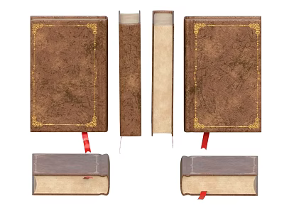 Vintage Brown Cover Books With Gold Border Decoration And Red Bookmark 3d model