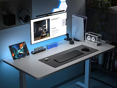 Modern Work Desk Setup With Computer Monitor Tablet Keyboard Mouse Headphones And Blue Lighting 3d model