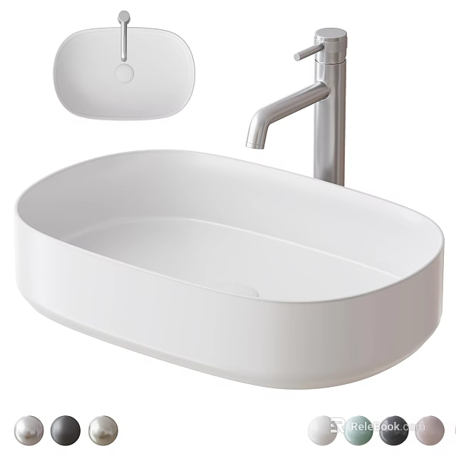 Modern White Countertop Washbasin With Sleek Chrome Faucet For Bathroom Design 3d model 