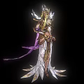 Mythical Woman With Golden Long Hair Winged Crown White Dress Purple Cape Holding Sword