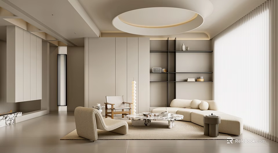 Modern Living Room Interior Design With Beige Sofa Coffee Table And Wall Shelves 3d model 