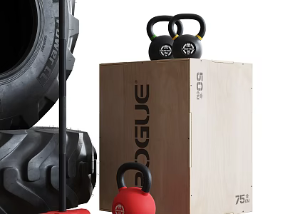 Strength Training Tire With Kettlebells And Wooden Box In Gym Setup 3d model