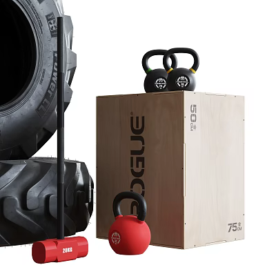 Strength Training Tire With Kettlebells And Wooden Box In Gym Setup 3d model Strength Training Tire With Kettlebells And Wooden Box In Gym Setup 3d model