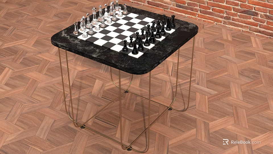 Stylish Entertainment Table with Black Marble Top Chessboard Pieces Gold Metal Legs on Herringbone Floor 3d model 