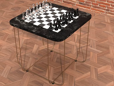 Stylish Entertainment Table with Black Marble Top Chessboard Pieces Gold Metal Legs on Herringbone Floor 3d model