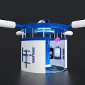 Contemporary Exhibition Island With Blue White Design Globe Screen And POWER Logo