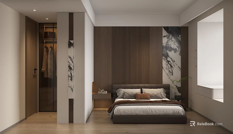 Elegant Modern Bedroom Interior With Wooden Wall Panel Bedside Table Wardrobe And Decorative Painting 3d model 
