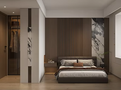 Elegant Modern Bedroom Interior With Wooden Wall Panel Bedside Table Wardrobe And Decorative Painting 3d model