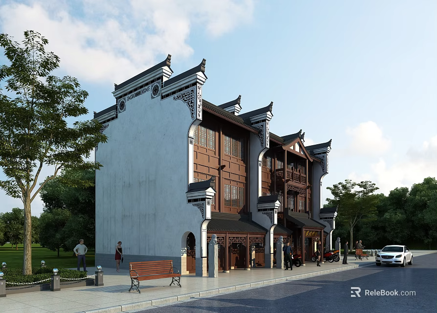 Traditional Chinese Ancient Building With White Walls Wooden Windows Traditional Roof And Street Trees 3d model 