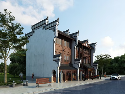 Traditional Chinese Ancient Building With White Walls Wooden Windows Traditional Roof And Street Trees 3d model