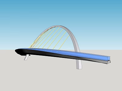 Modern Arch Bridge Design With Yellow Cables And Blue Deck Structure 3d model