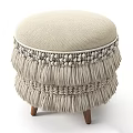 Beige Woven Stool With Tassel Accents And Wooden Legs For Home Decoration