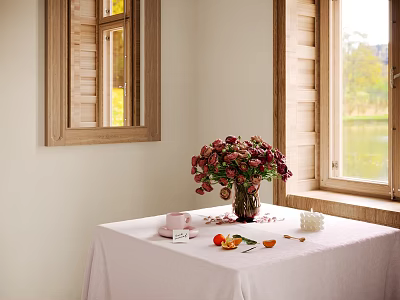 Delicate Decorative Ornament Set with Pink Tablecloth Flower Vase and Fruits on Table near Window 3d model