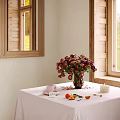 Delicate Decorative Ornament Set with Pink Tablecloth Flower Vase and Fruits on Table near Window