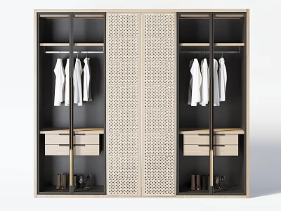 Modern Open Wardrobe With Black Frame Perforated Panel Hanging Clothes Drawers And Shoes 3d model