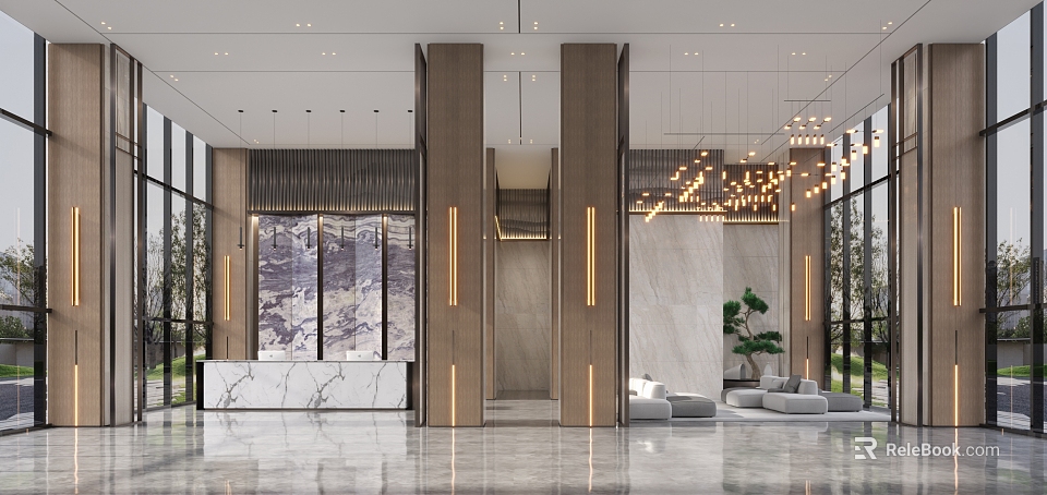 Modern Hotel Lobby Interior With Marble Reception Desk Wooden Columns And Hanging Chandelier Green Plants 3d model 